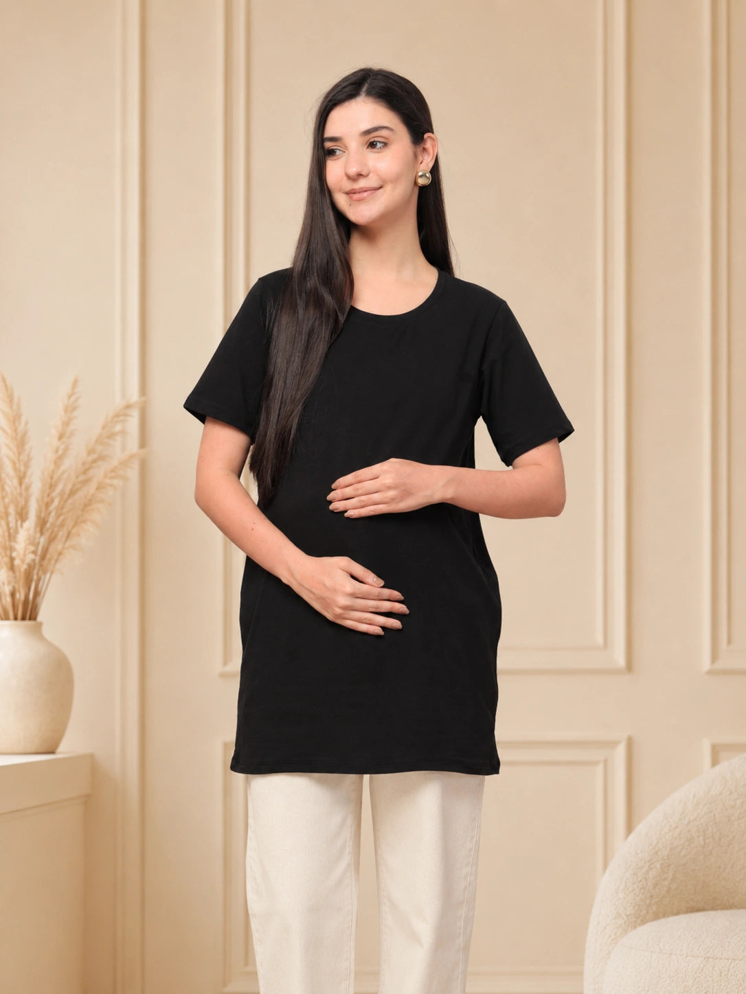 Women’s Black Solid Cotton Maternity T-Shirt