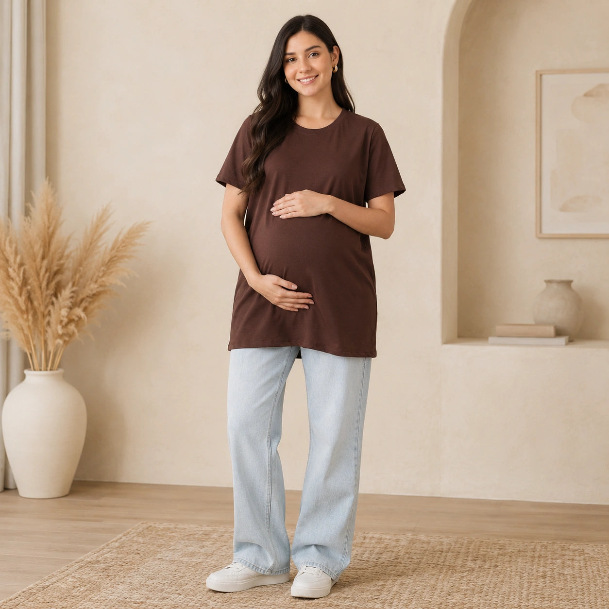Women’s Brown Solid Cotton Maternity T-Shirt