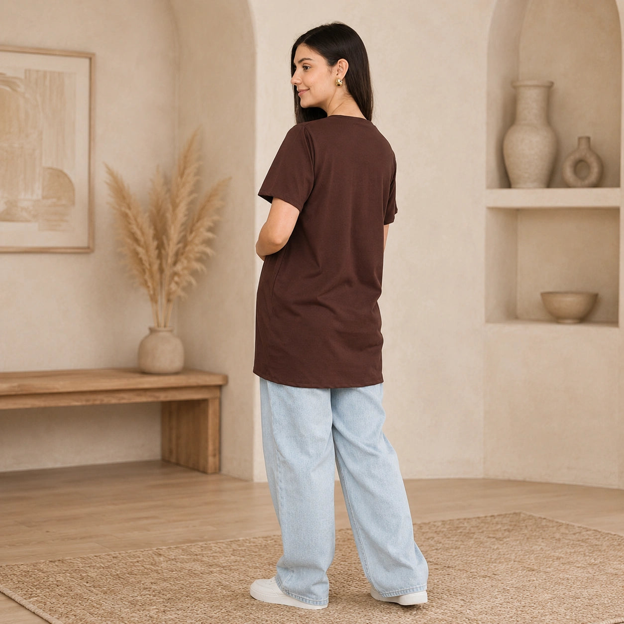 Women’s Brown Solid Cotton Maternity T-Shirt