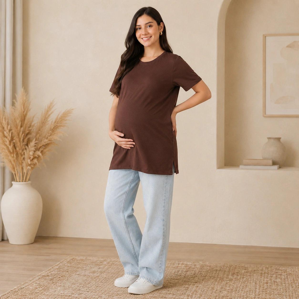 Women’s Brown Solid Cotton Maternity T-Shirt