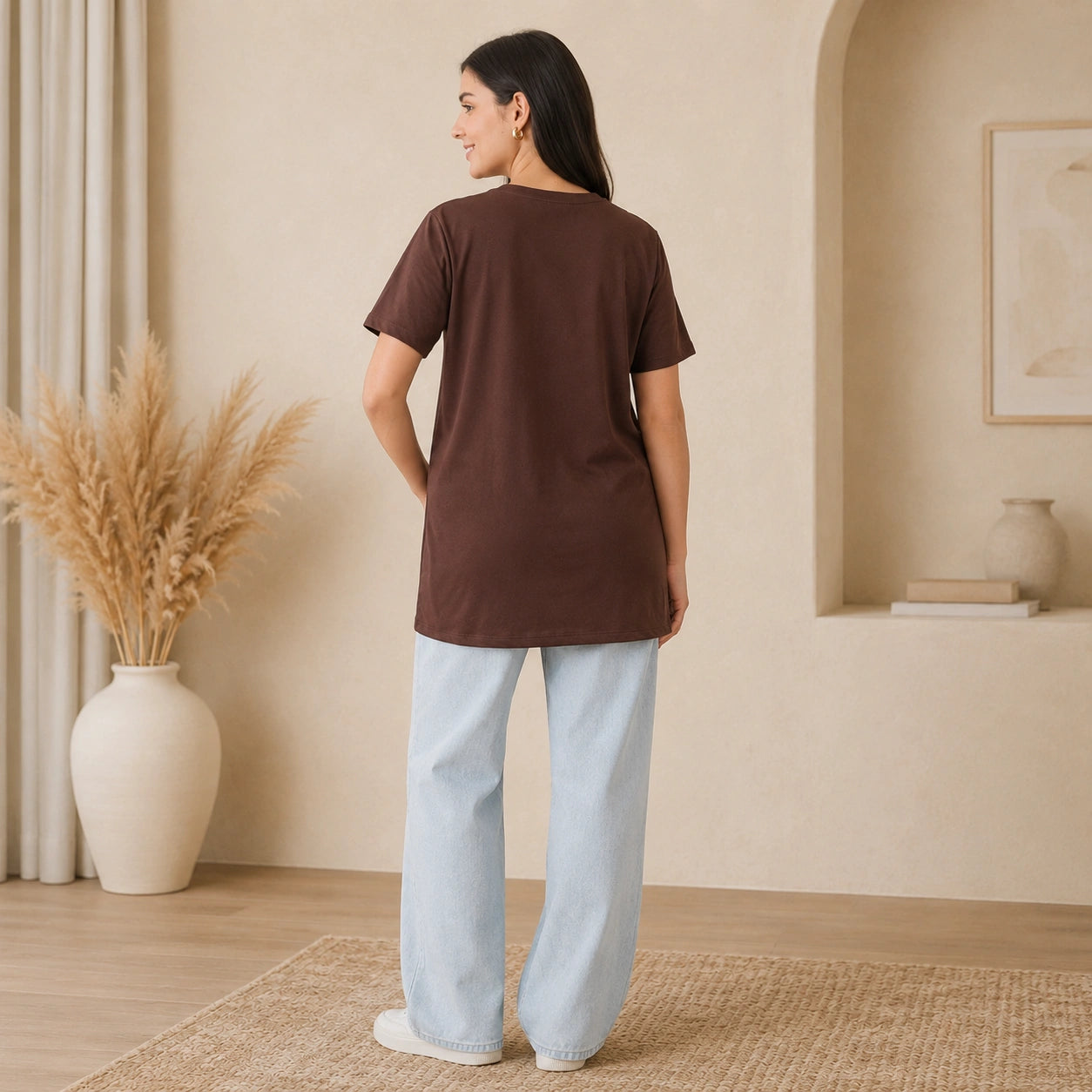 Women’s Brown Solid Cotton Maternity T-Shirt