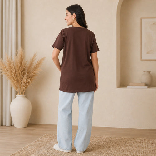 Women’s Brown Solid Cotton Maternity T-Shirt