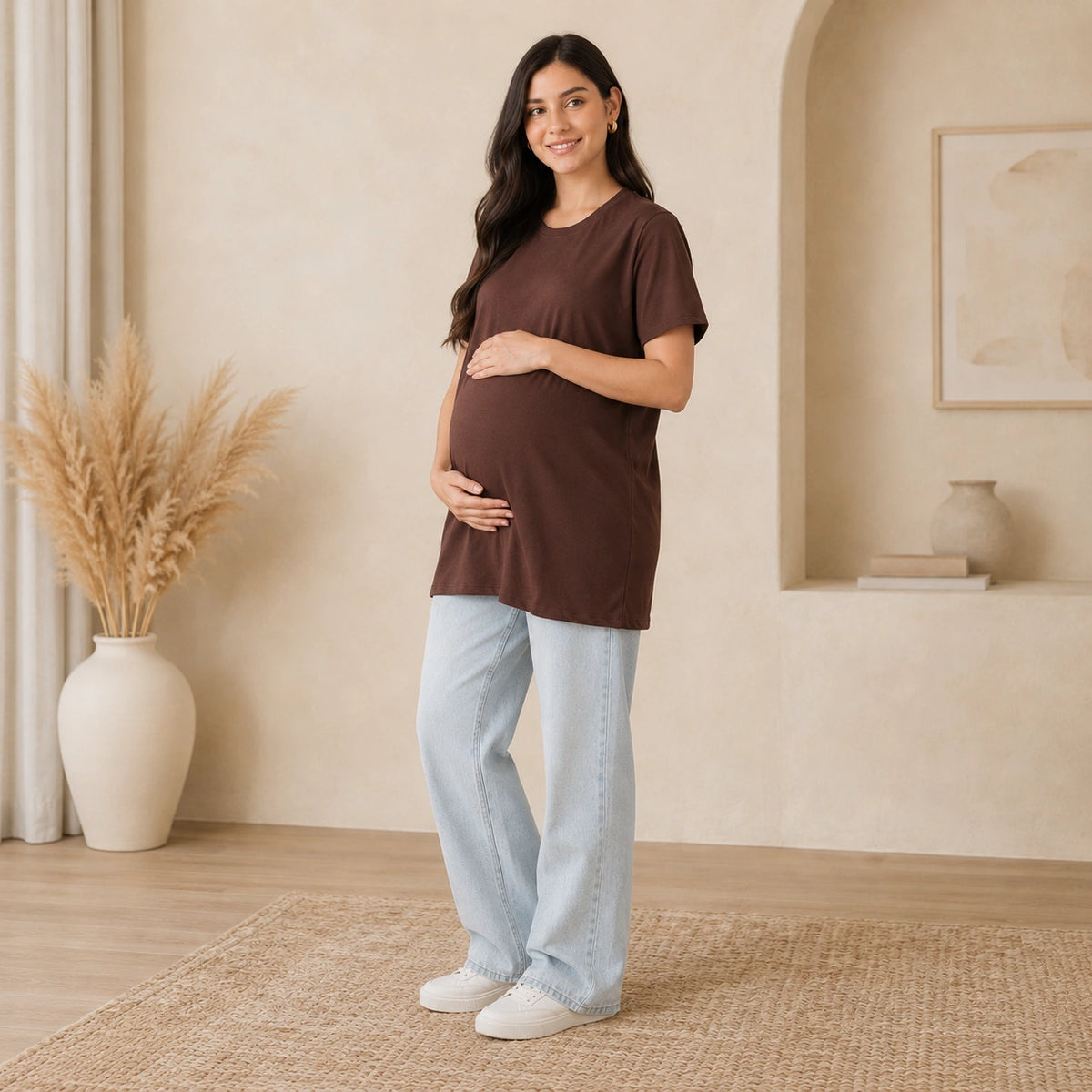 Women’s Brown Solid Cotton Maternity T-Shirt