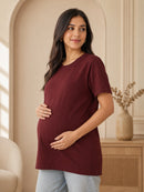 Women’s Maroon Solid Cotton Maternity T-Shirt