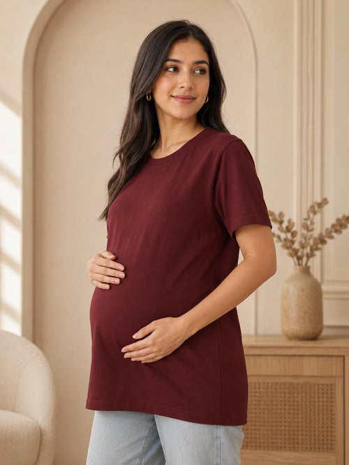 Women’s Maroon Solid Cotton Maternity T-Shirt