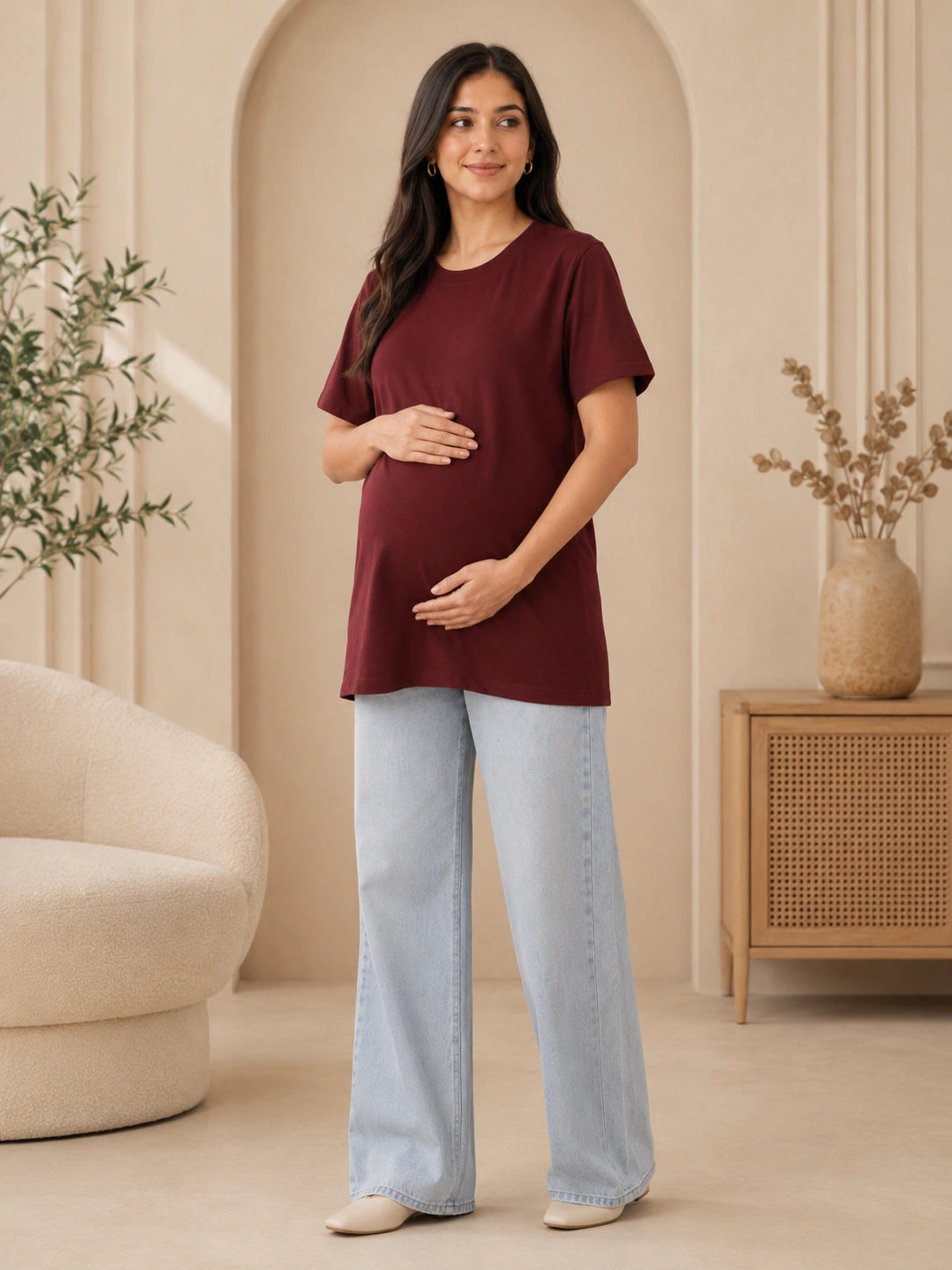Women’s Maroon Solid Cotton Maternity T-Shirt