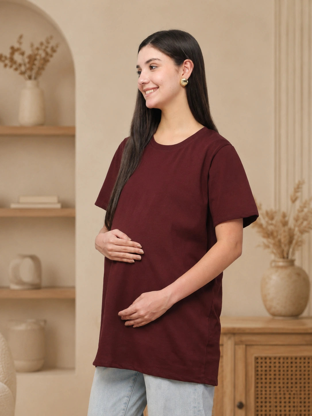 Women’s Maroon Solid Cotton Maternity T-Shirt