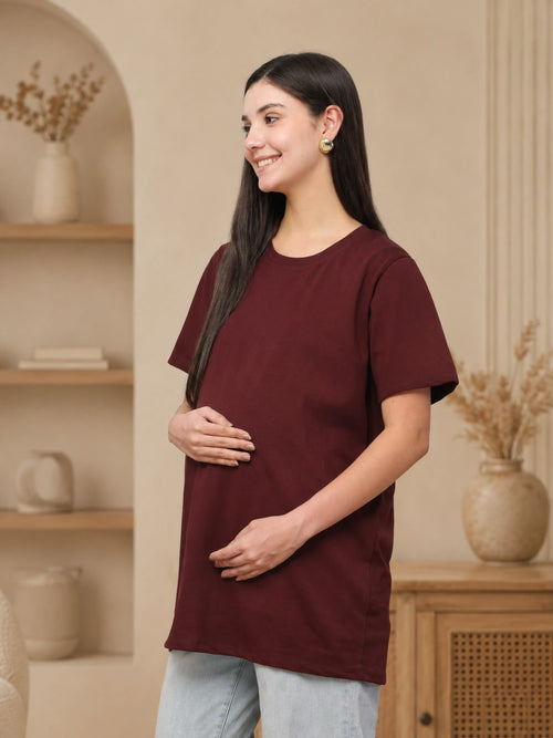 Women’s Maroon Solid Cotton Maternity T-Shirt