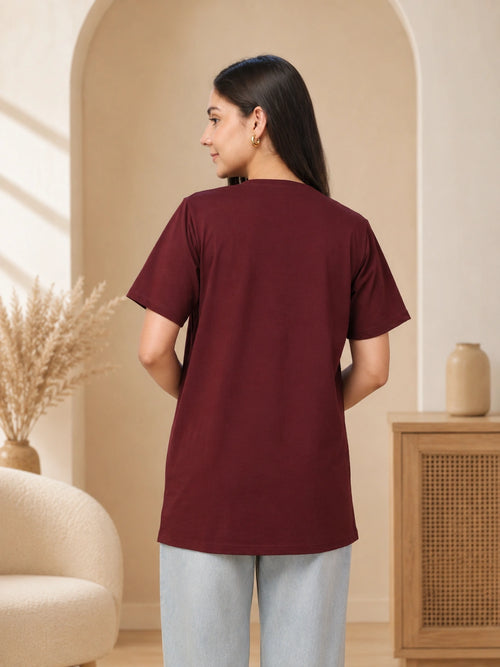 Women’s Maroon Solid Cotton Maternity T-Shirt