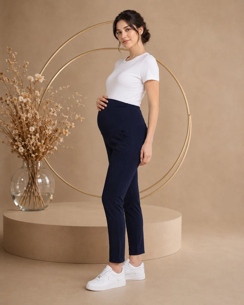 Women’s Navy Blue Polyester Maternity Track Pants