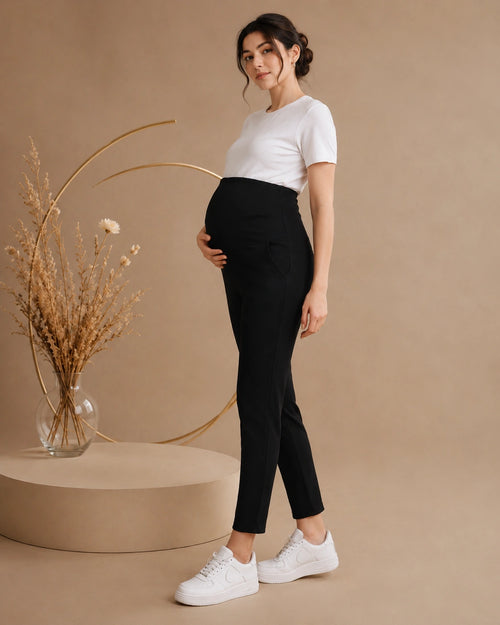 Women’s Black Lycra Polyester Regular-Fit Maternity Track Pants
