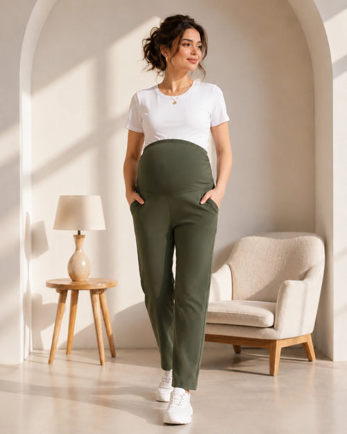 Women’s Olive Cotton Straight-Fit Maternity Track Pants