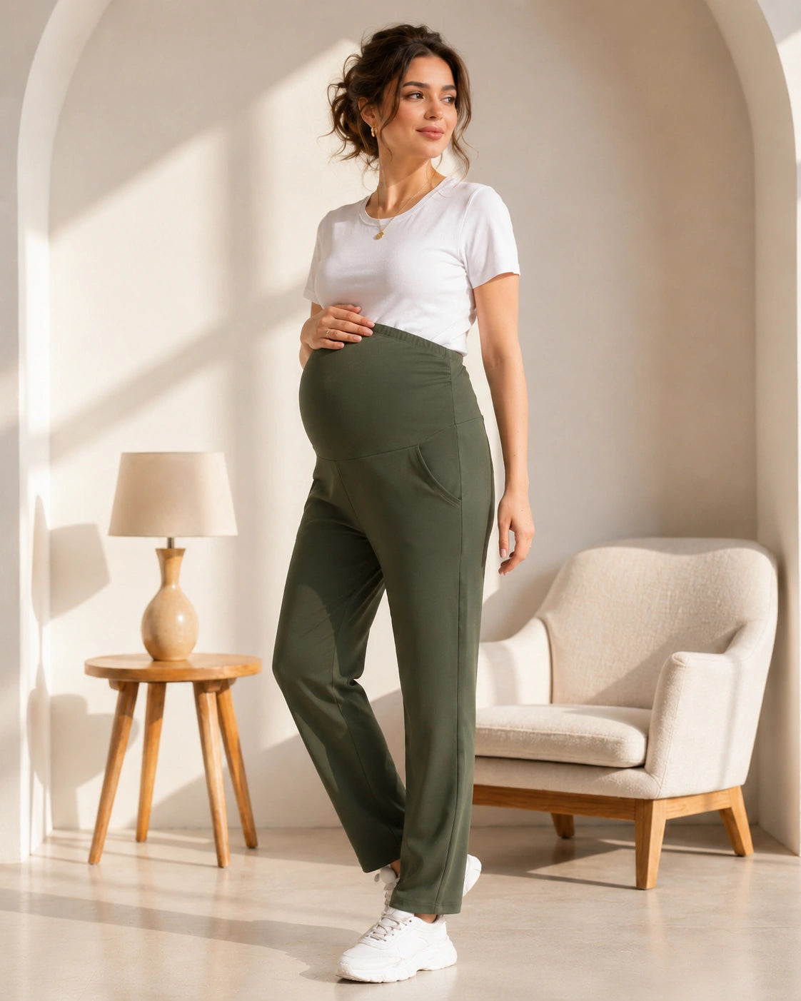 Women’s Olive Cotton Straight-Fit Maternity Track Pants