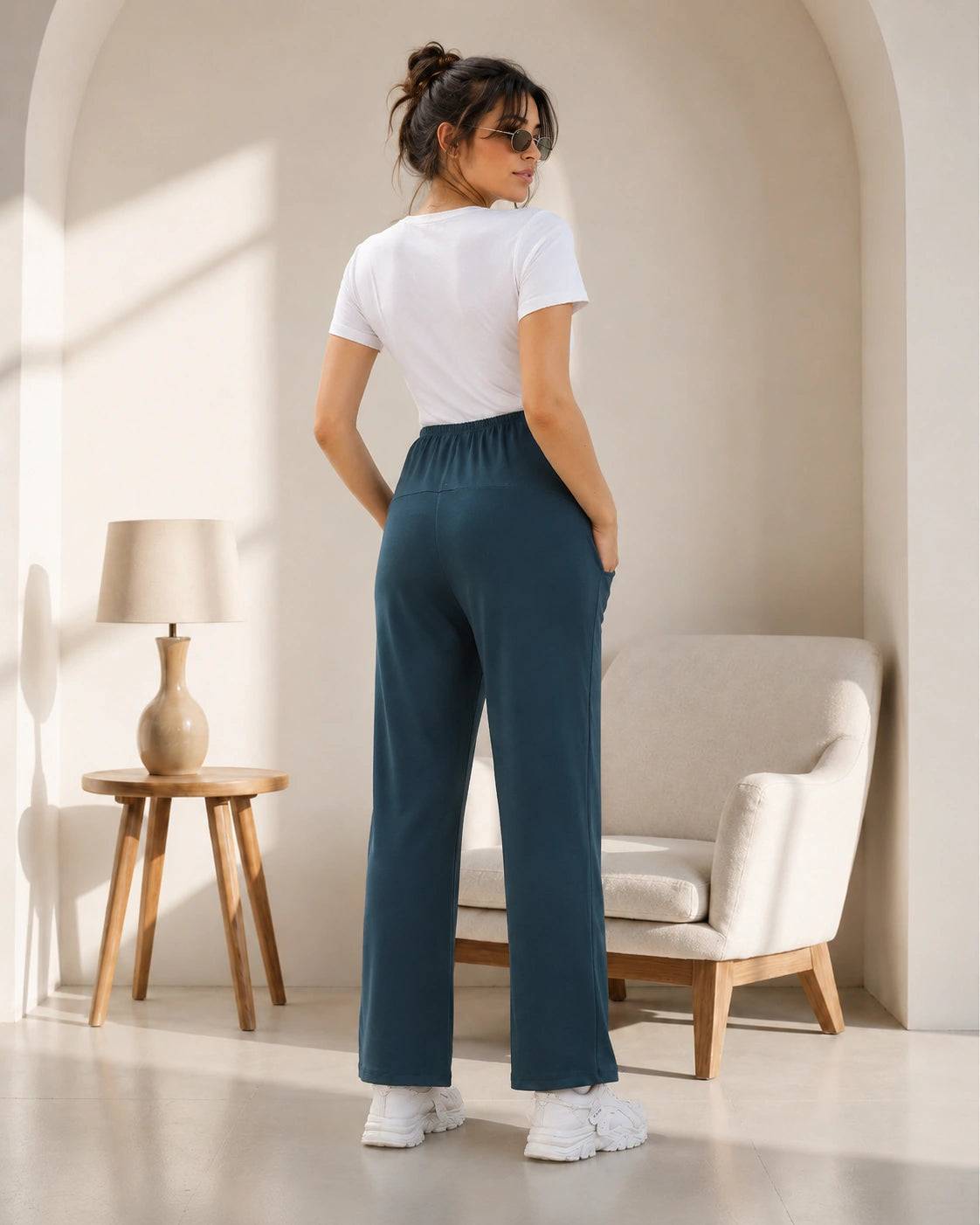 Women’s Teal Green Cotton Straight-Fit Maternity Track Pants