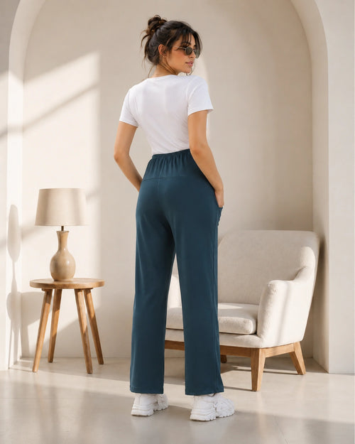 Women’s Teal Green Cotton Straight-Fit Maternity Track Pants