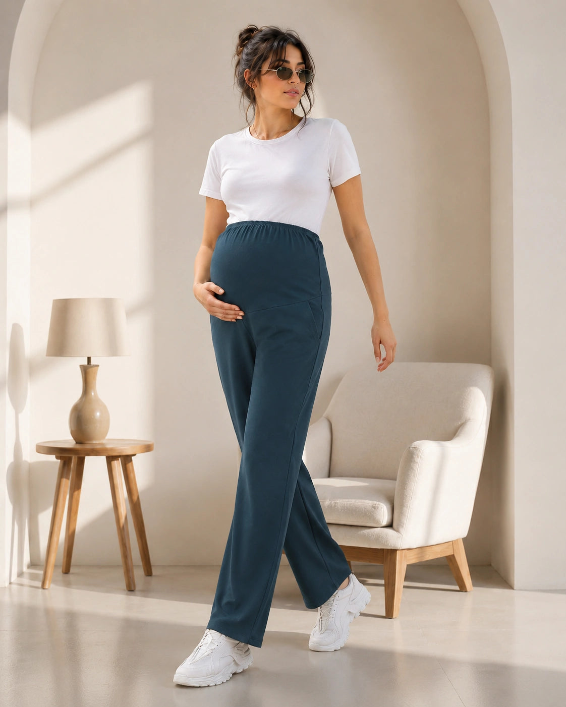 Women’s Teal Green Cotton Straight-Fit Maternity Track Pants