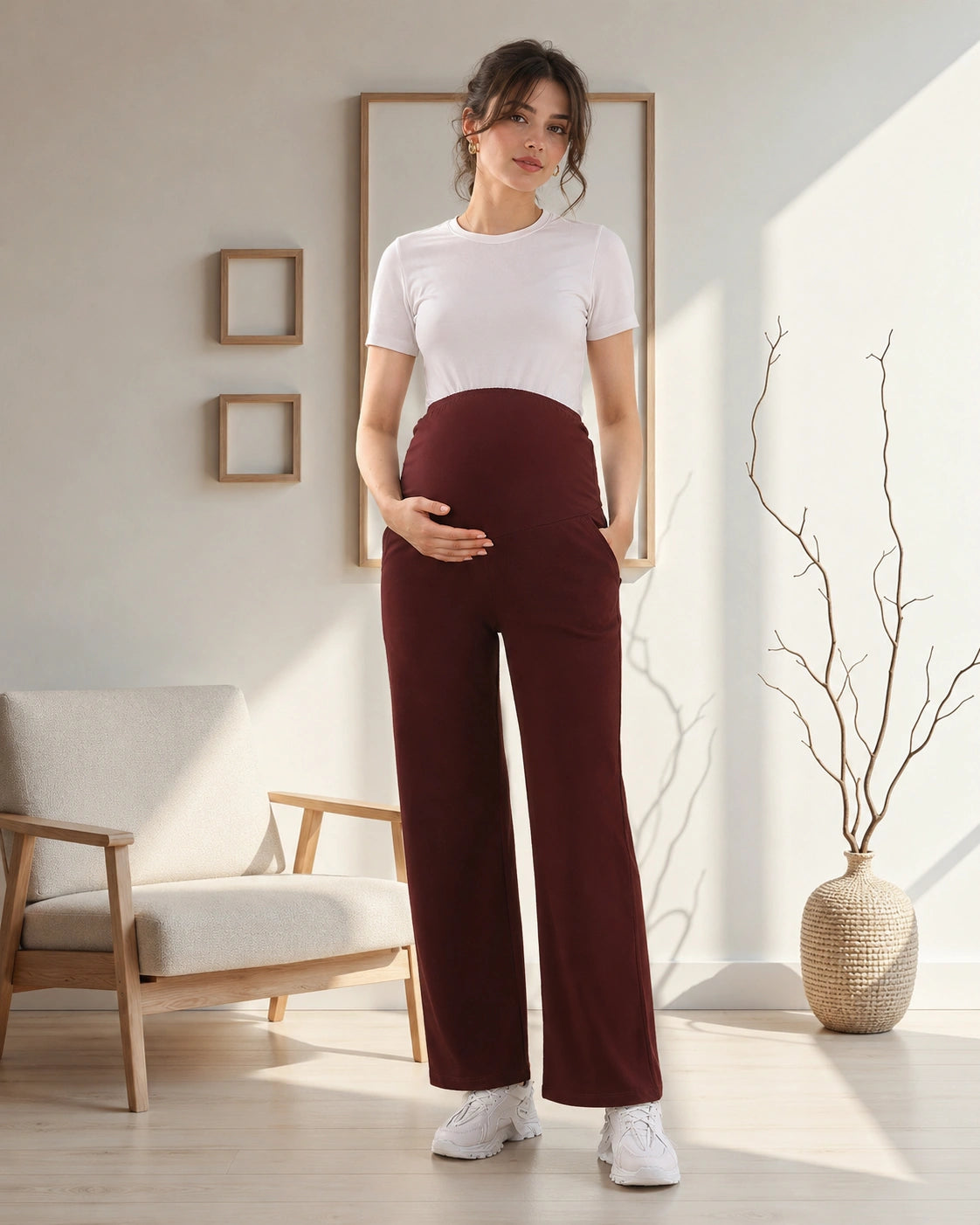 Women’s Maroon Cotton Straight-Fit Maternity Track Pants