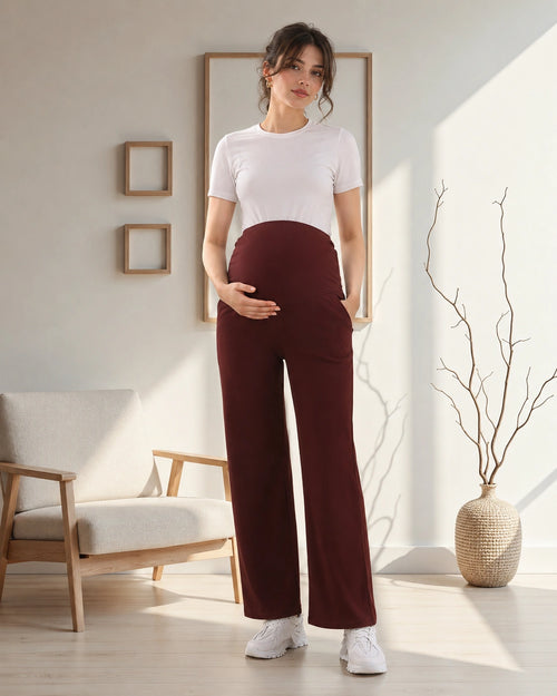 Women’s Maroon Cotton Straight-Fit Maternity Track Pants