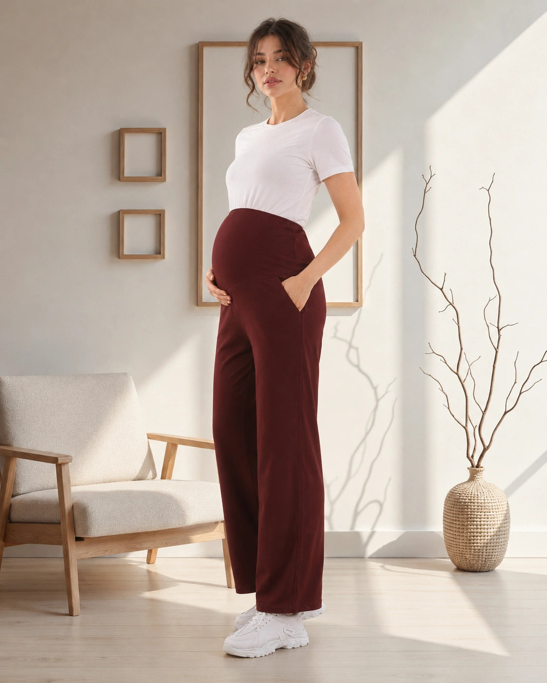 Women’s Maroon Cotton Straight-Fit Maternity Track Pants