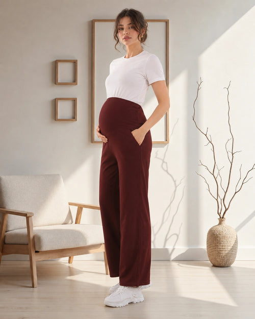 Women’s Maroon Cotton Straight-Fit Maternity Track Pants