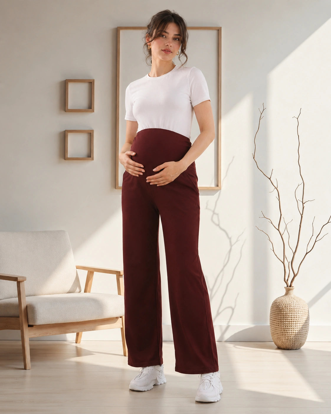 Women’s Maroon Cotton Straight-Fit Maternity Track Pants