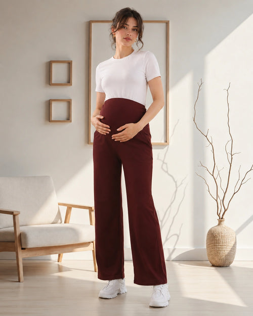 Women’s Maroon Cotton Straight-Fit Maternity Track Pants
