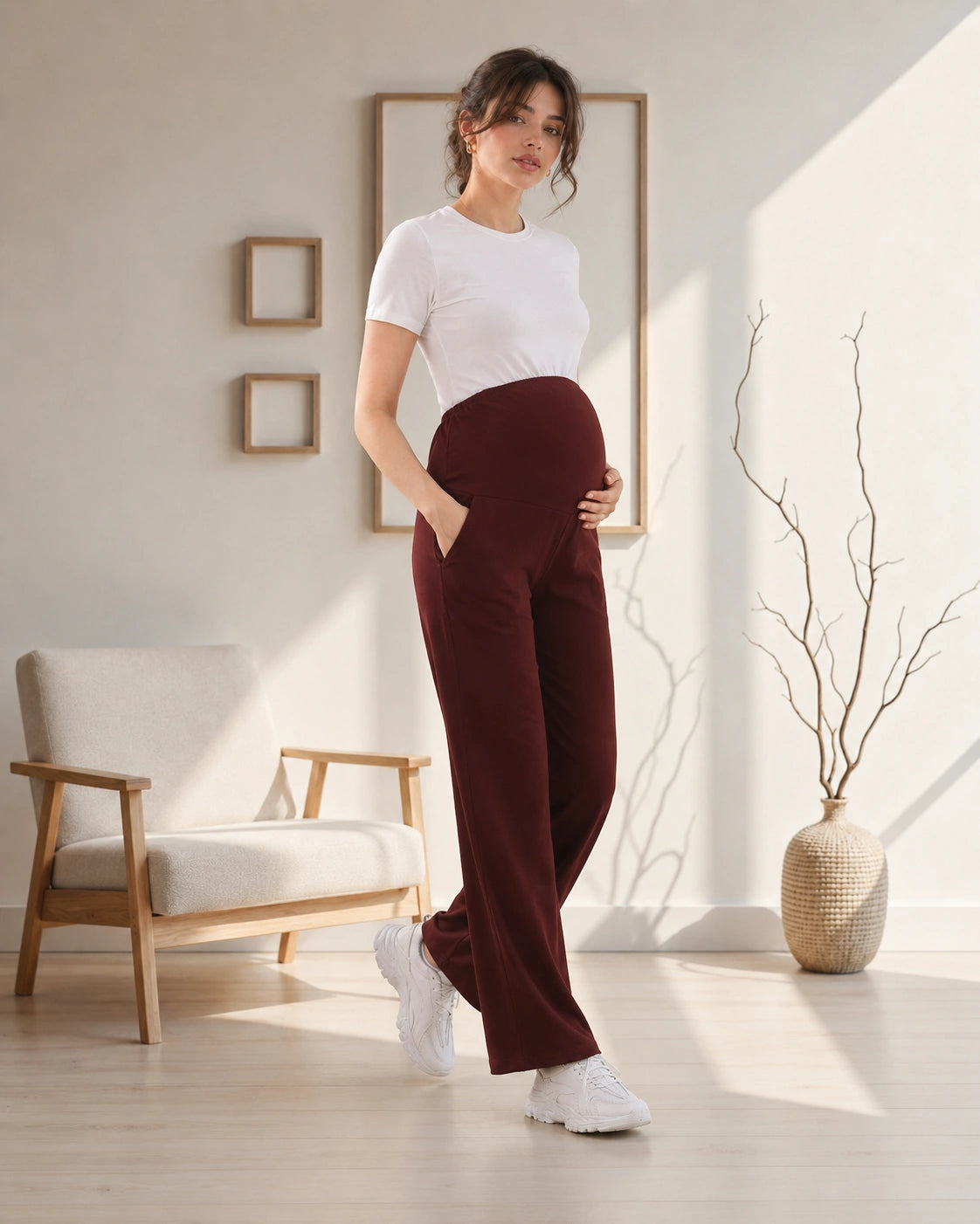 Women’s Maroon Cotton Straight-Fit Maternity Track Pants