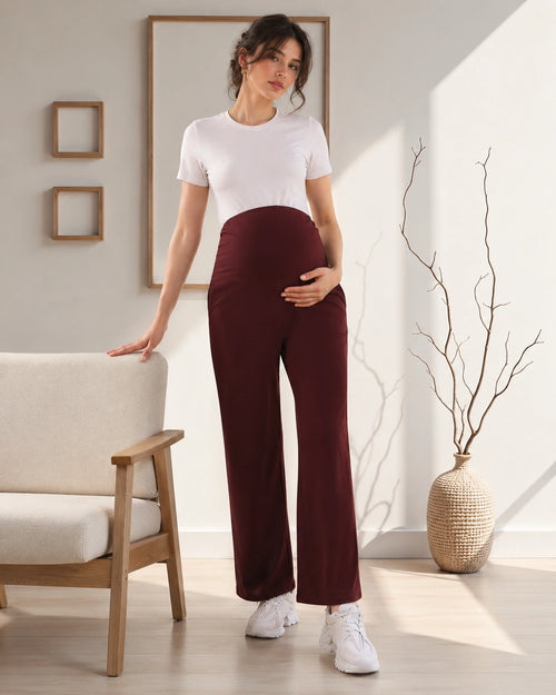 Women’s Maroon Cotton Straight-Fit Maternity Track Pants