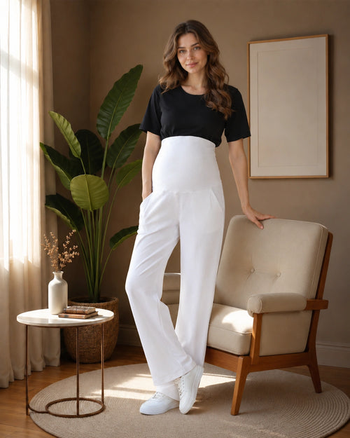 Women’s White Cotton Straight-Fit Maternity Track Pants