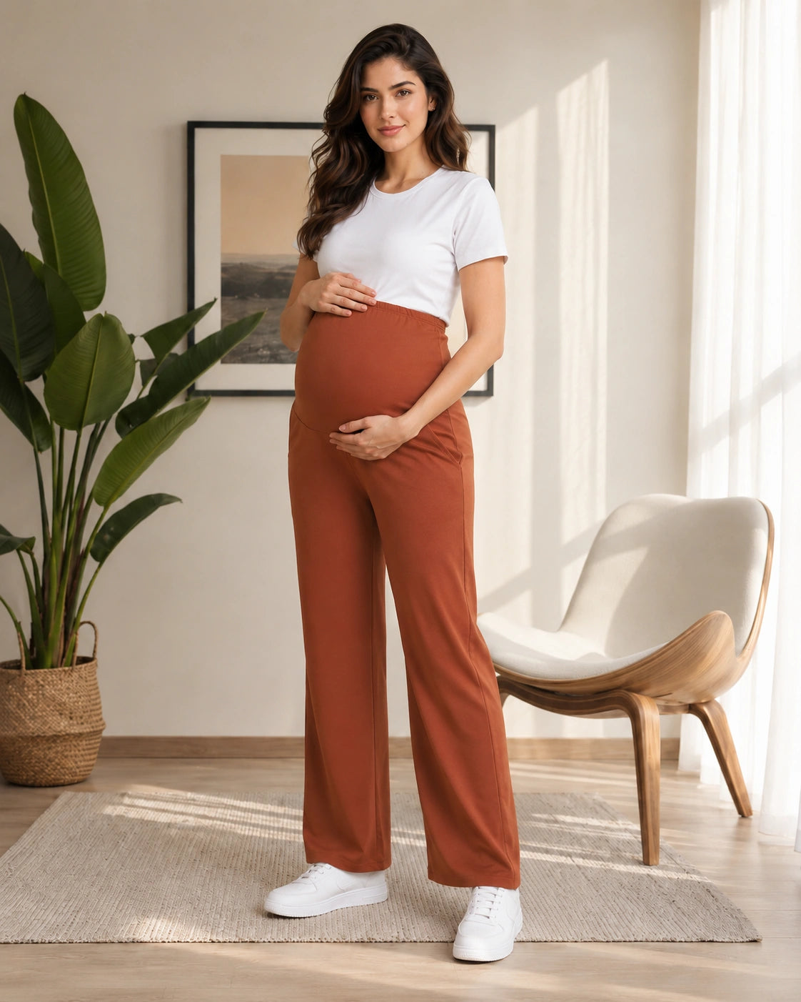 Women’s Brown Cotton Straight-Fit Maternity Track Pants