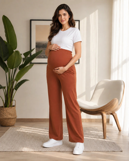 Women’s Brown Cotton Straight-Fit Maternity Track Pants