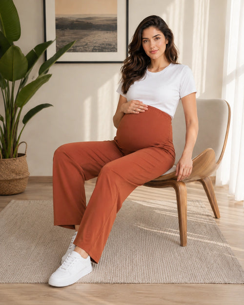 Women’s Brown Cotton Straight-Fit Maternity Track Pants