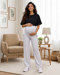 Women’s Grey Melange Cotton Straight-Fit Maternity Track Pants