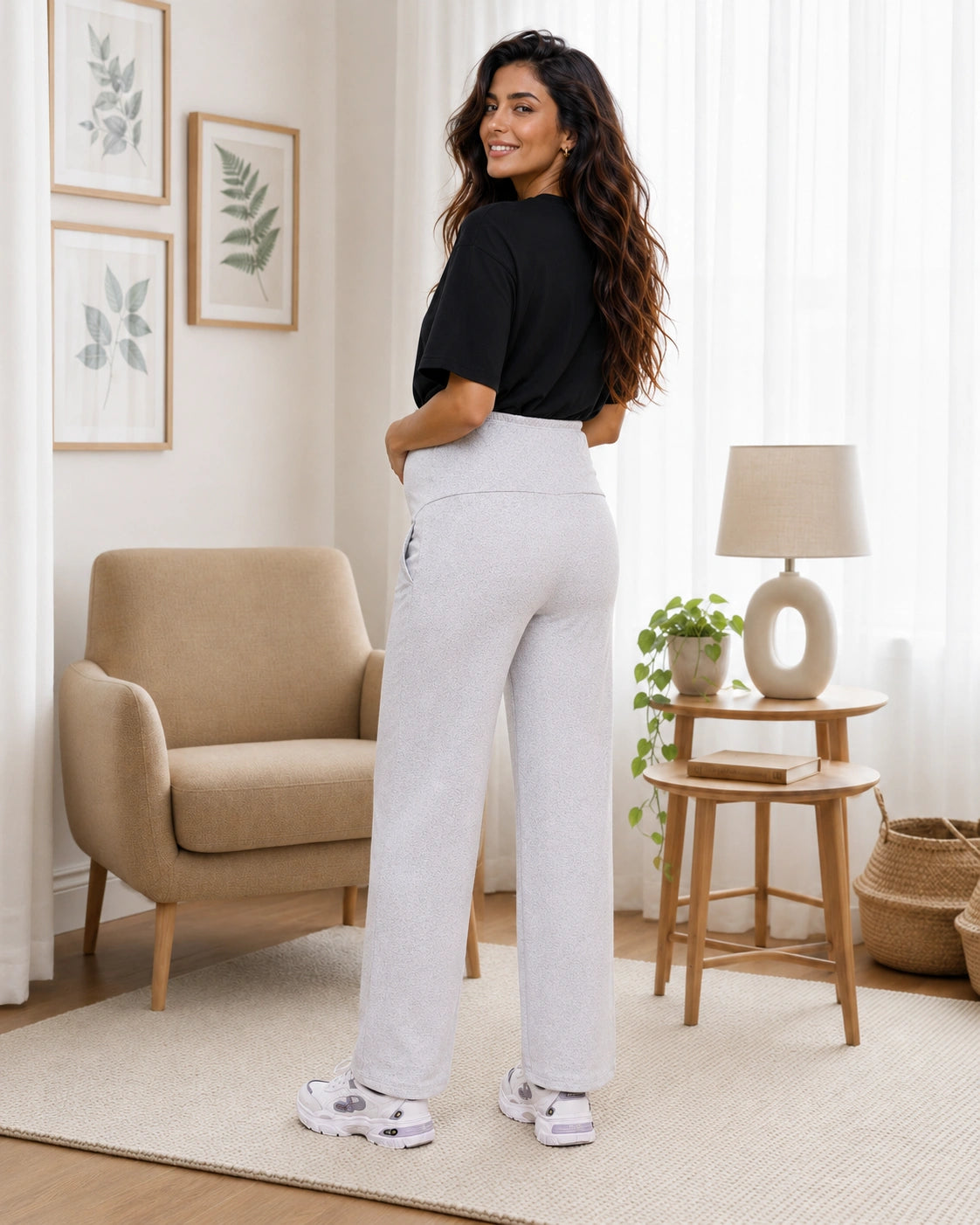 Women’s Grey Melange Cotton Straight-Fit Maternity Track Pants