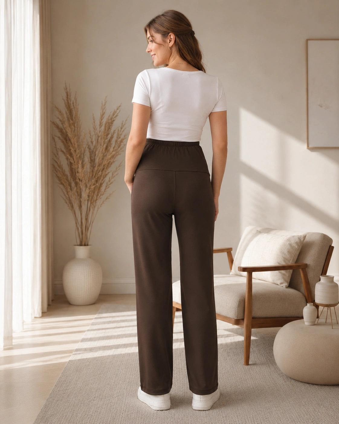 Women’s Brown Cotton Straight-Fit Maternity Track Pants