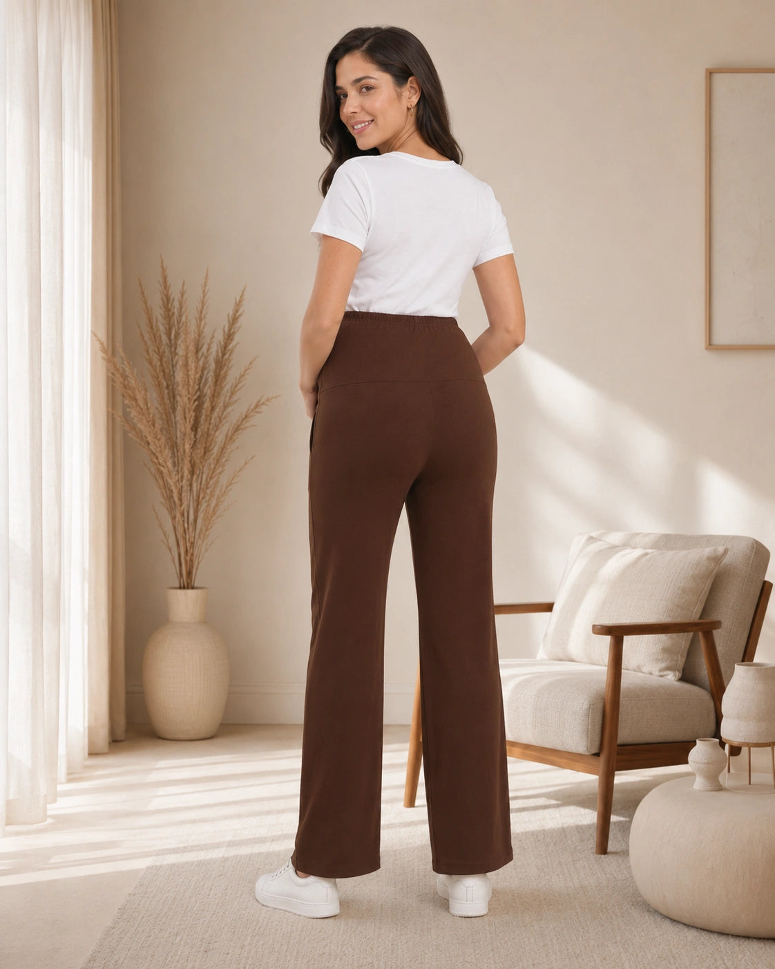 Women’s Brown Cotton Straight-Fit Maternity Track Pants