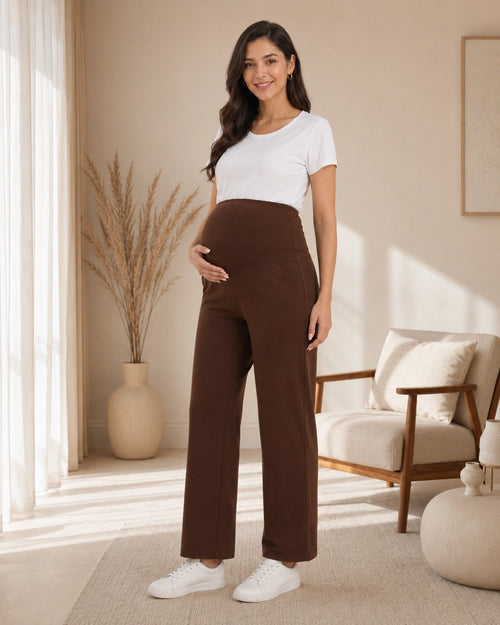 Women’s Brown Cotton Straight-Fit Maternity Track Pants