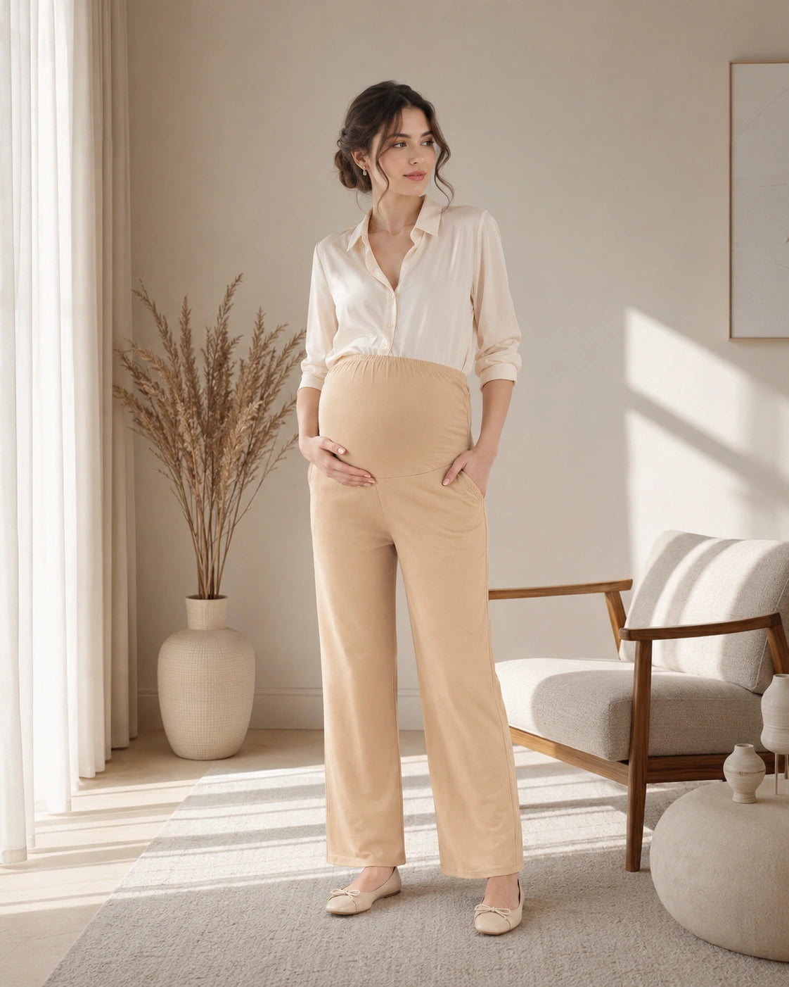 Women’s Cream Cotton Straight-Fit Maternity Track Pants