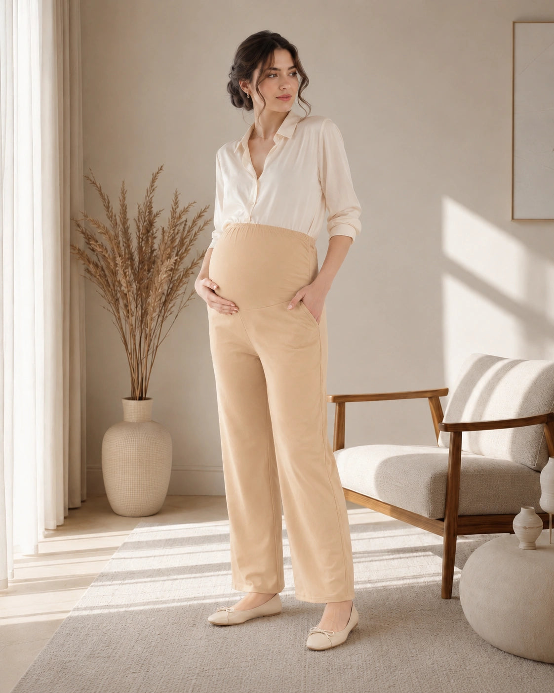 Women’s Cream Cotton Straight-Fit Maternity Track Pants