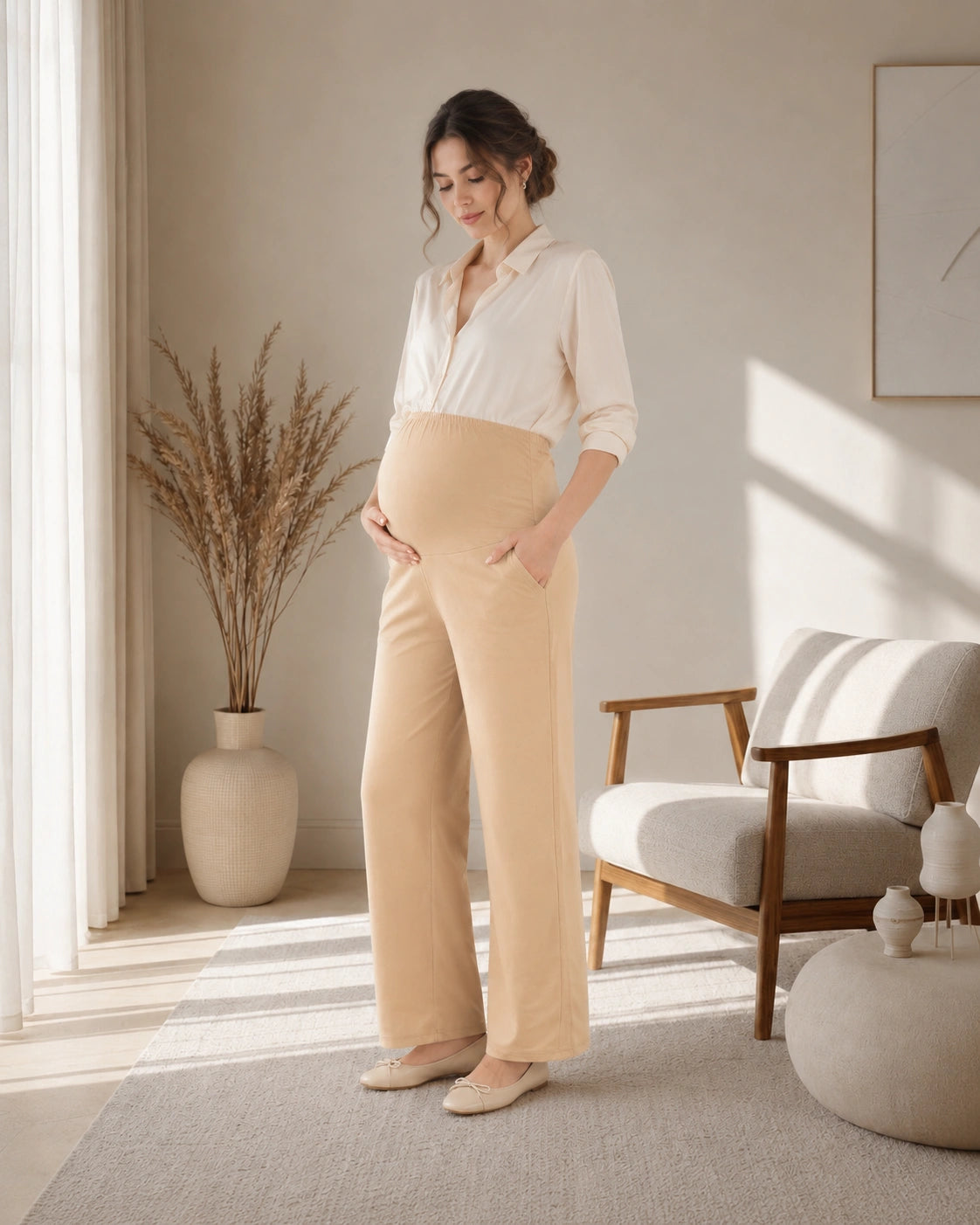 Women’s Cream Cotton Straight-Fit Maternity Track Pants