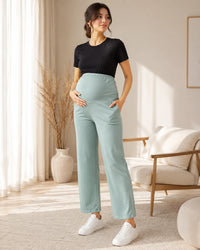 Women’s Sea Green Cotton Straight-Fit Maternity Track Pants