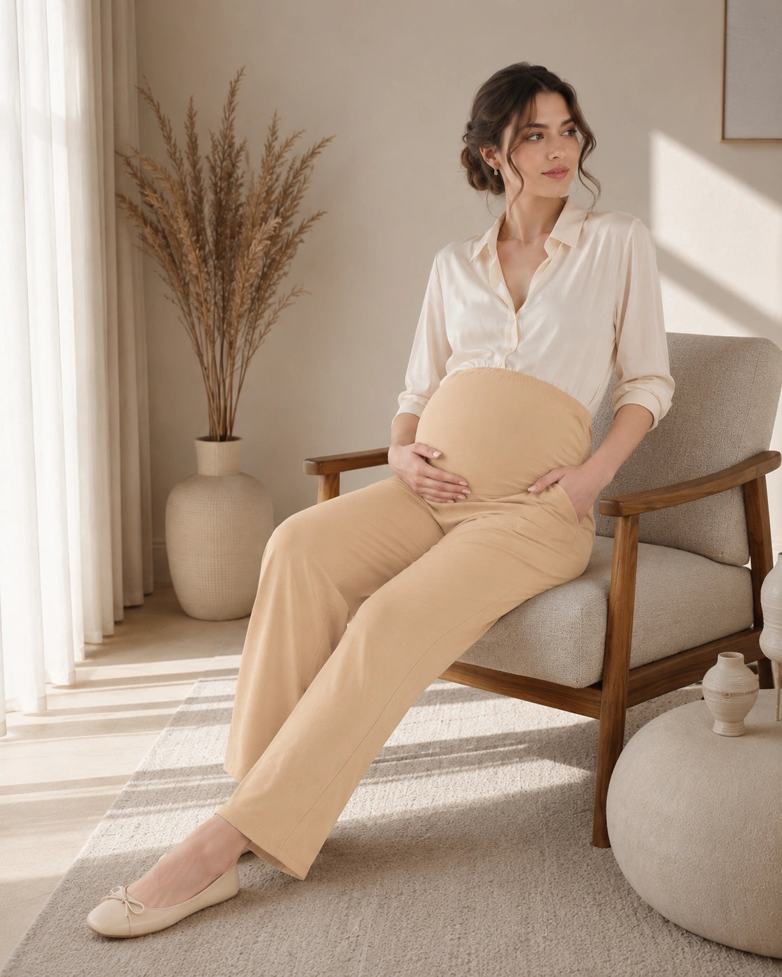 Women’s Cream Cotton Straight-Fit Maternity Track Pants