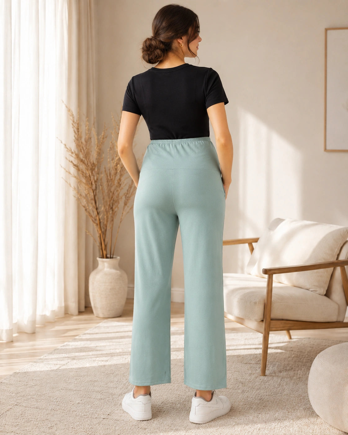 Women’s Sea Green Cotton Straight-Fit Maternity Track Pants