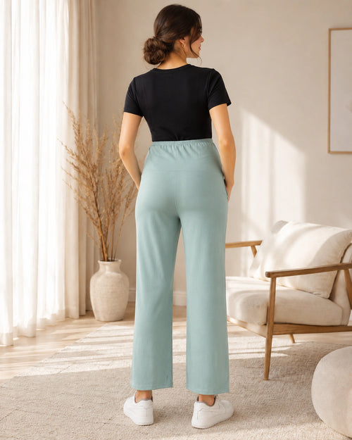 Women’s Sea Green Cotton Straight-Fit Maternity Track Pants