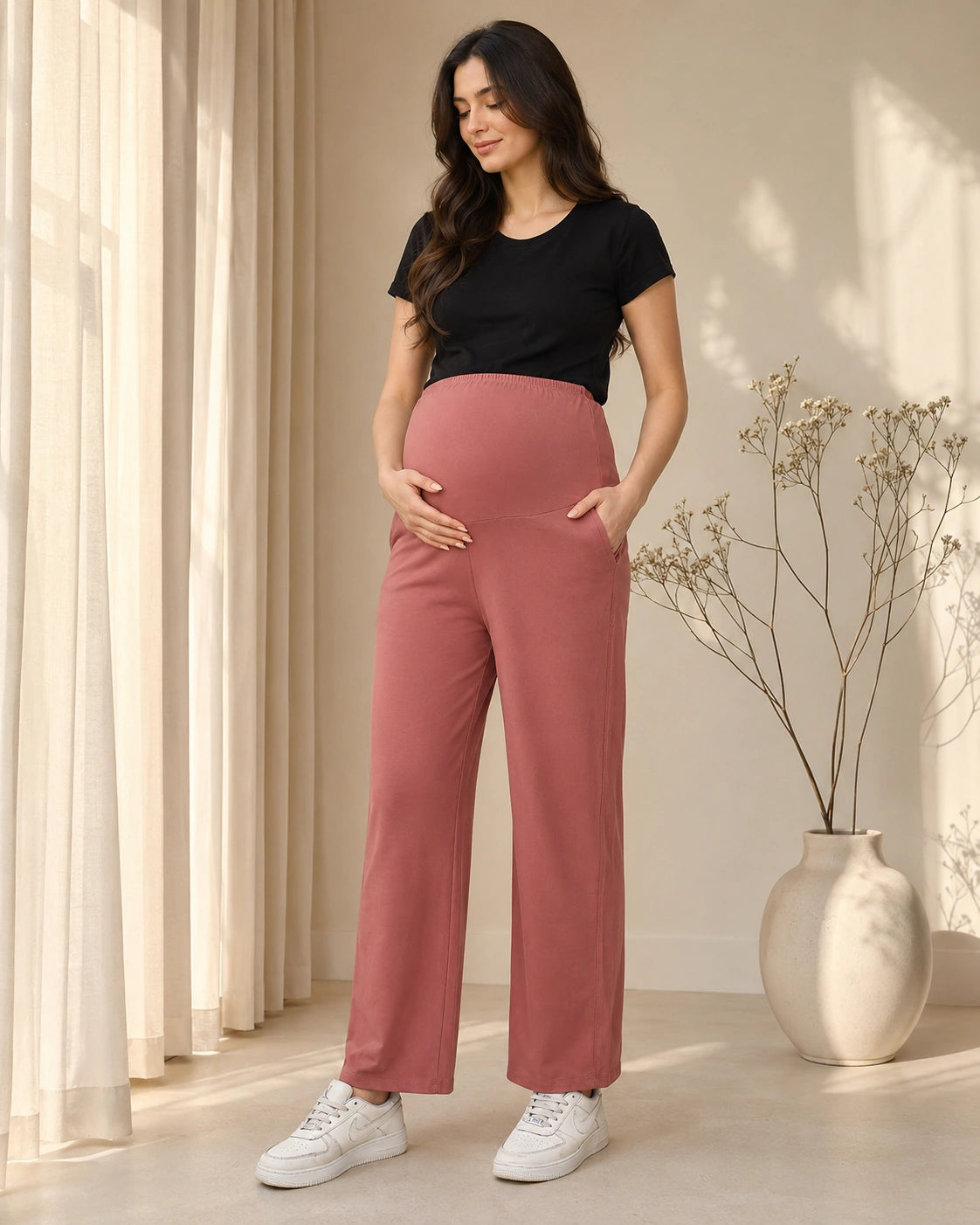 Women’s Dusty Rose Cotton Straight-Fit Maternity Track Pants