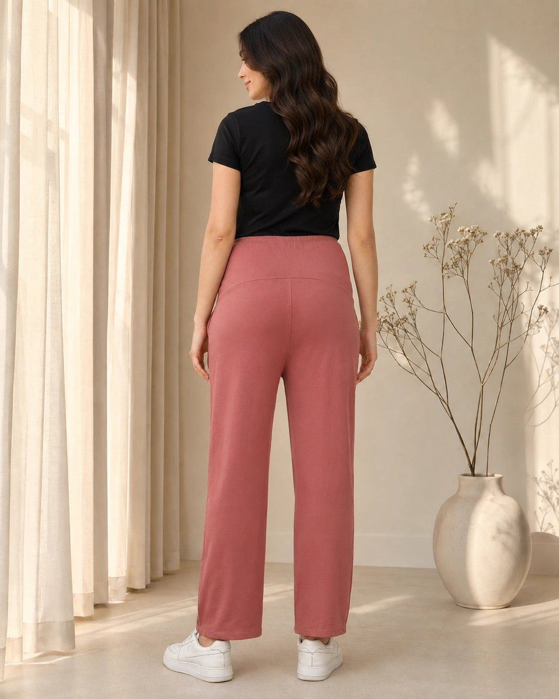 Women’s Dusty Rose Cotton Straight-Fit Maternity Track Pants