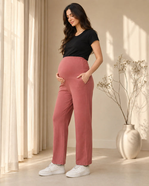Women’s Dusty Rose Cotton Straight-Fit Maternity Track Pants