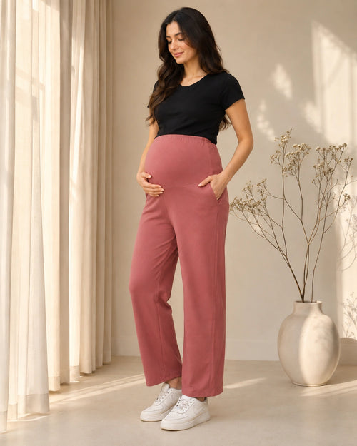 Women’s Dusty Rose Cotton Straight-Fit Maternity Track Pants