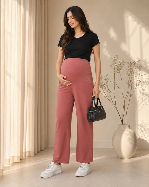 Women’s Dusty Rose Cotton Straight-Fit Maternity Track Pants