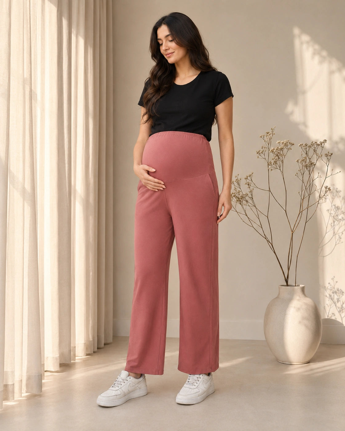 Women’s Dusty Rose Cotton Straight-Fit Maternity Track Pants